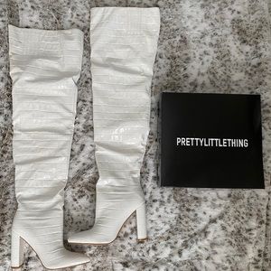 White Thigh High Point Block Heel Boots